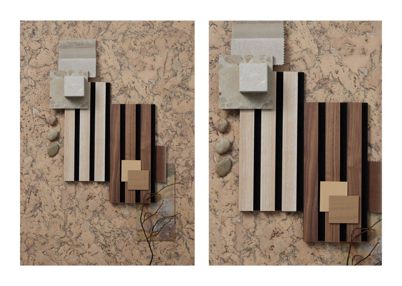 Sample mood board featuring CorkWall Lagos Beige, SlatWall Washed Oak and Deep Walnut with beige tones and stone textures.