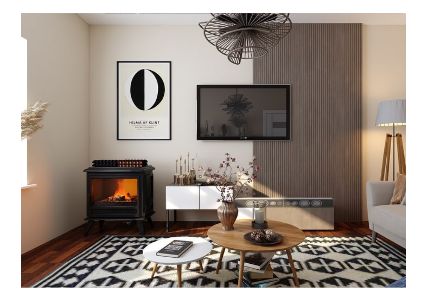 Living room featuring SlatWall Grey Oak as a partial backdrop for a wall-mounted television.