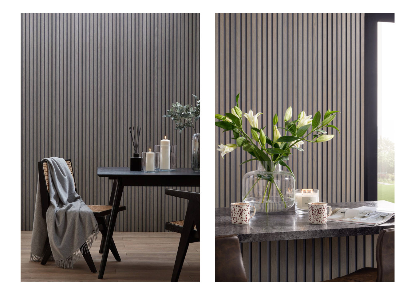 Two images with a Grey Oak SlatWall background. The image on the left shows a dining table and with dining chair and a blanket draped over. The image on the right shows a kitchen with the same SlatWall in the background. There is a kitchen island with two mugs, an open magazine and a vase with white lilies.