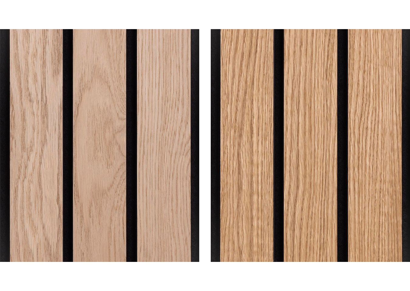 Left: SlatWall Grand Natural Oak panelling with black felt. Right: SlatWall Grand Oiled Oak panelling with black felt.