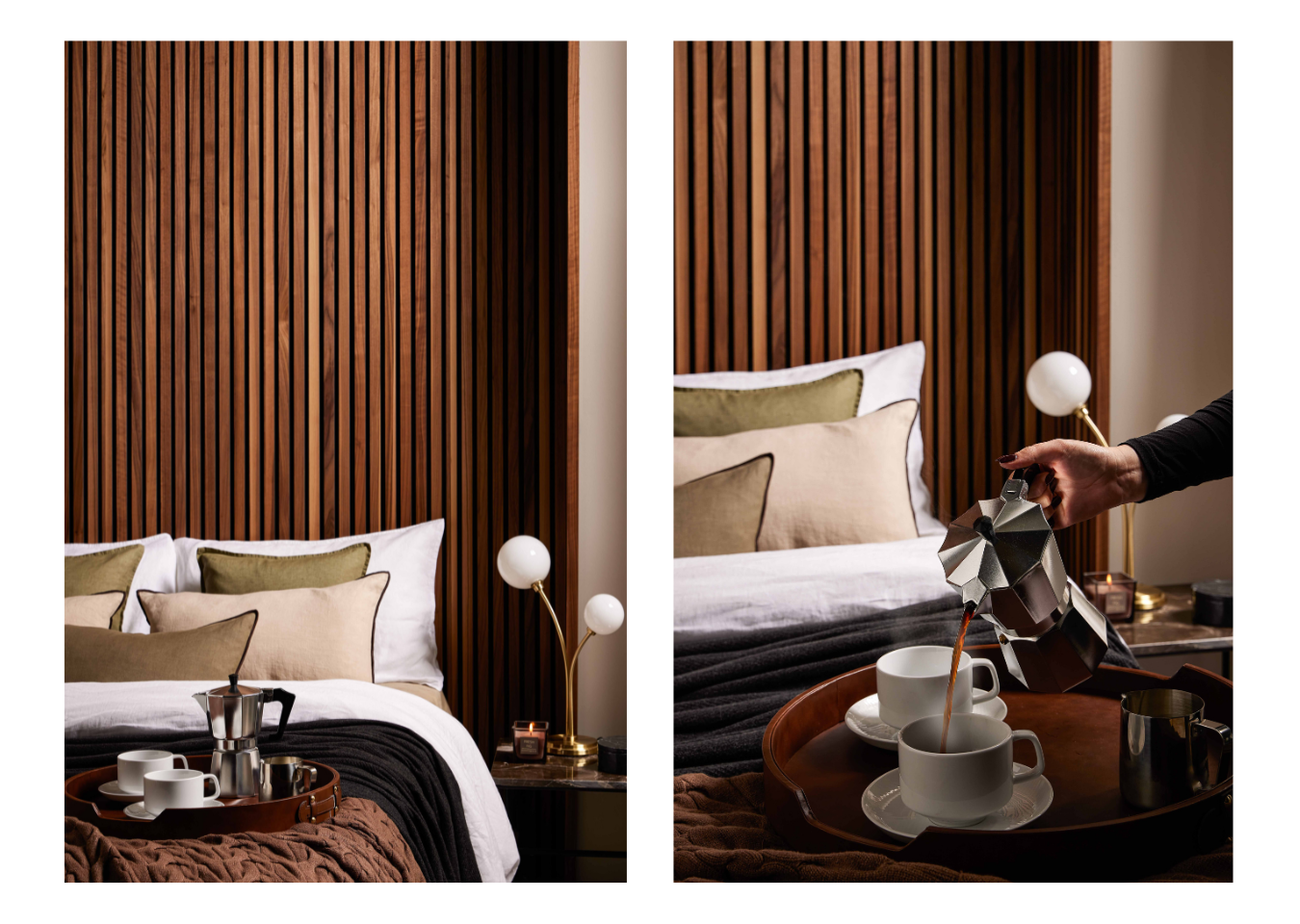 Left: a headboard made from SlatWall Deep Walnut wall panels. Right: someone pours coffee into a cup on a tray on the bed.
