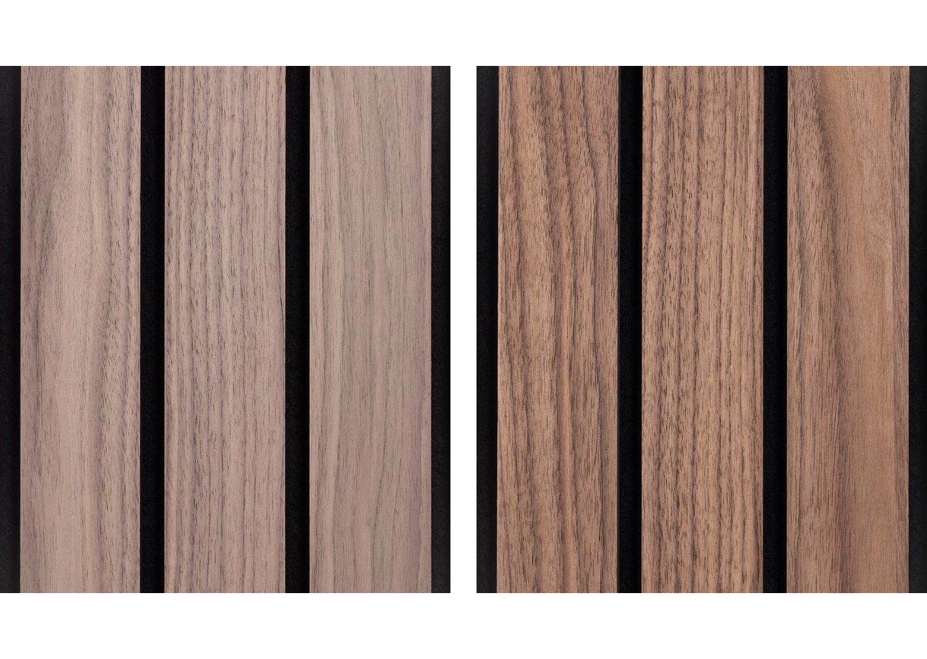 Left: SlatWall Grand Walnut panelling with black felt. Right: SlatWall Grand Deep Walnut panelling with black felt.