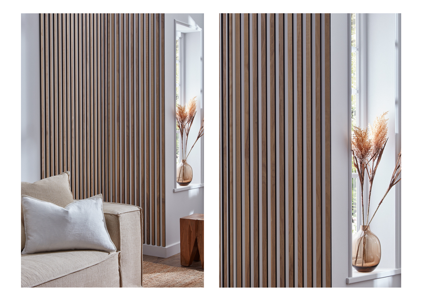 SlatWall Walnut individual slats as an accent wall in a living room with a beige sofa and neutral flower vase at the window.