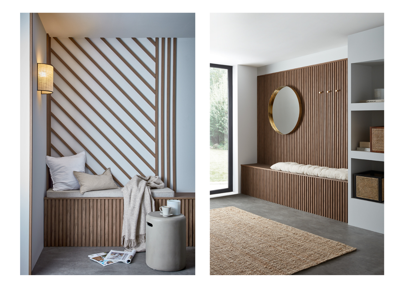 Two hallways with a seating nook. Left: with diagonal SlatWall Waterproof Walnut individual slats. Right: with wall panels.