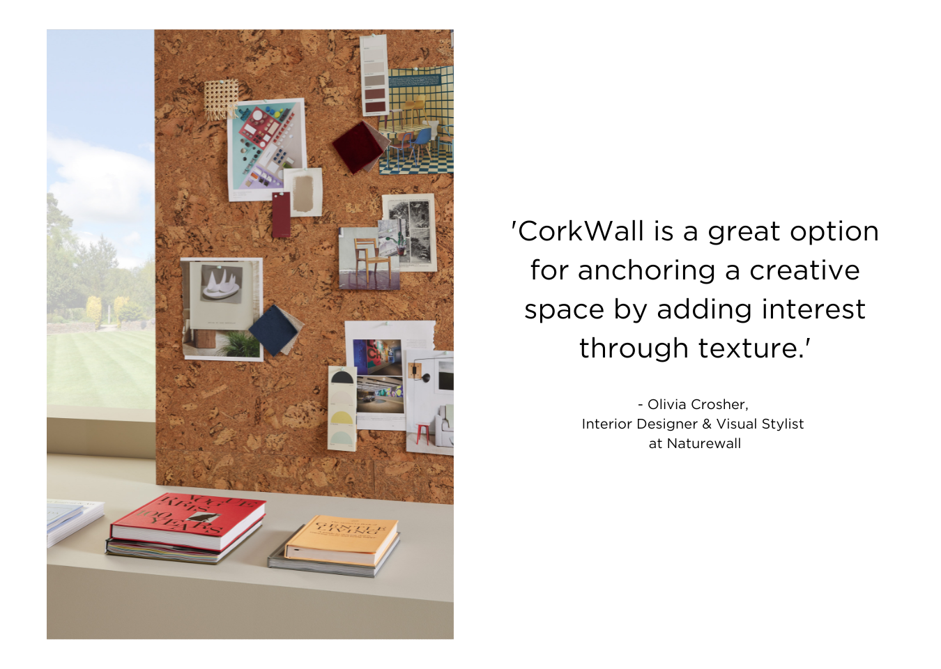 Office wall décor featuring pictures and swatches on a pinboard made from CorkWall tiles in Cascais Natural.