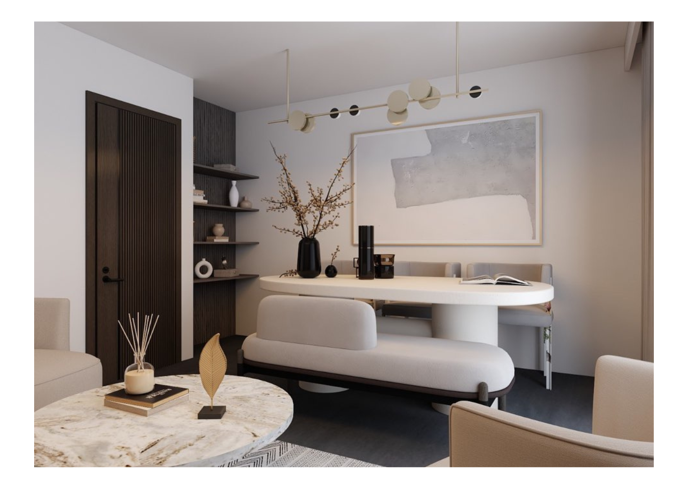 image of living room with SlatWall behind a shelving unit and textured walls