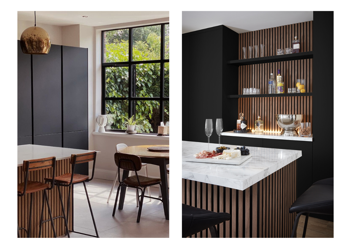 Two images show kitchens with SlatWall. The image on the left shows a kitchen island with the front covered in SlatWall with two bar stools and a dining table. The image on the right shows another kitchen island and shelves both covered in SlatWall. The island has two glasses of champagne and a sharing bored, the shelves behind display bottles and glasses.