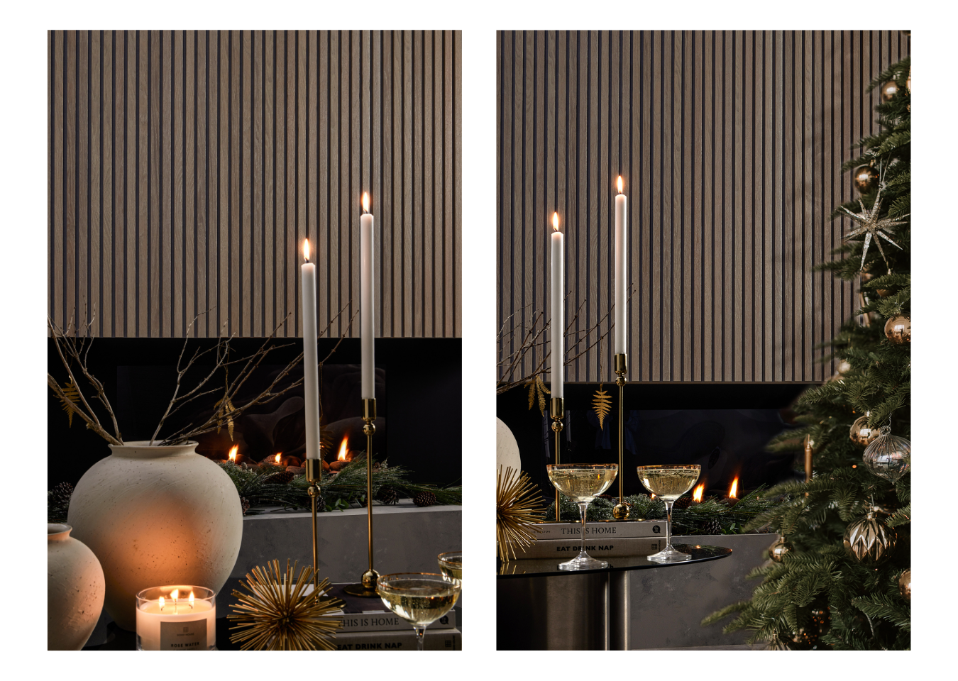 Two images show a fireplace covered in Slatwall with a Christmas tree in the corner. The fire is lit and so are tall candles on the coffee table