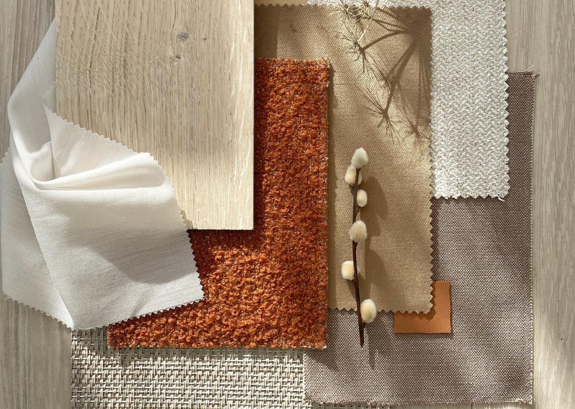 A selection a of different textures and similar beige and rustic tones.