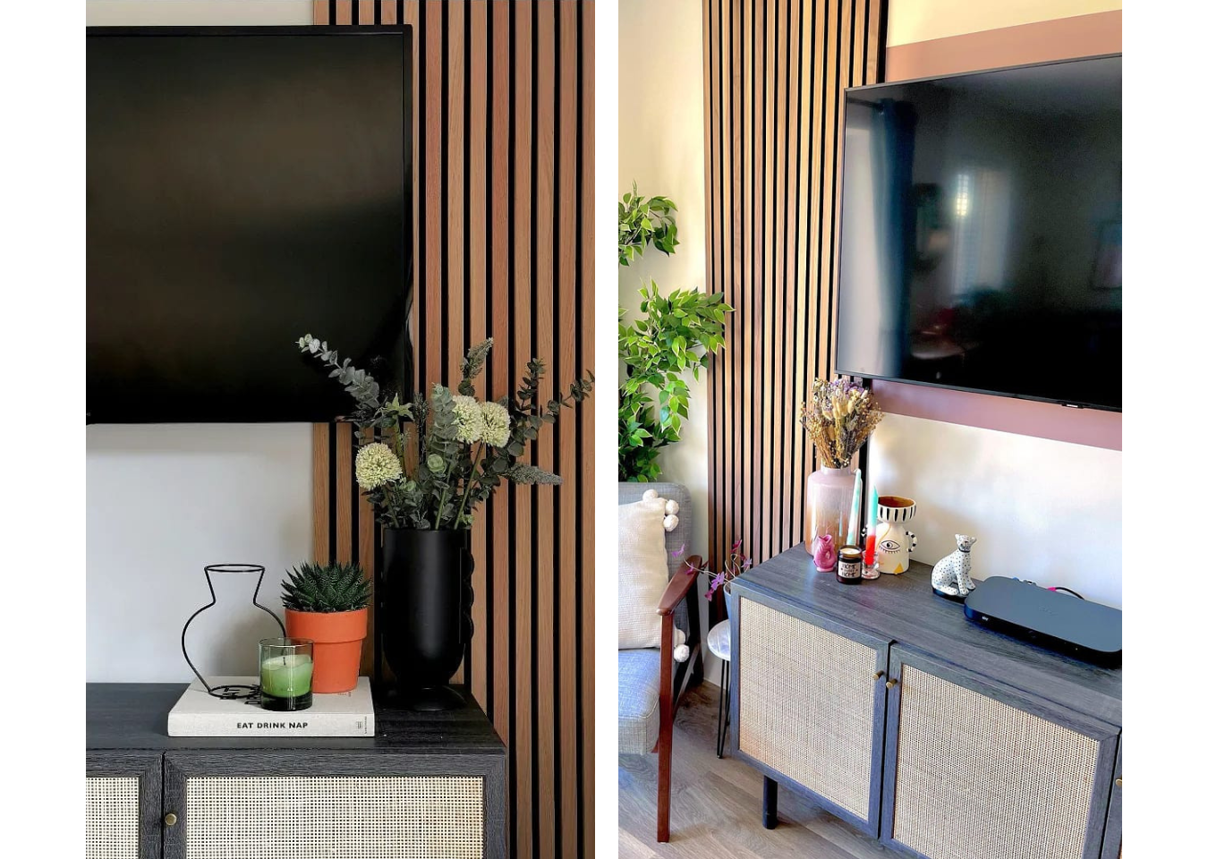 Two images. Left: Slatwall behind TV close up. Right: SlatWall behind TV. Pink colour block of paint behind the tv.