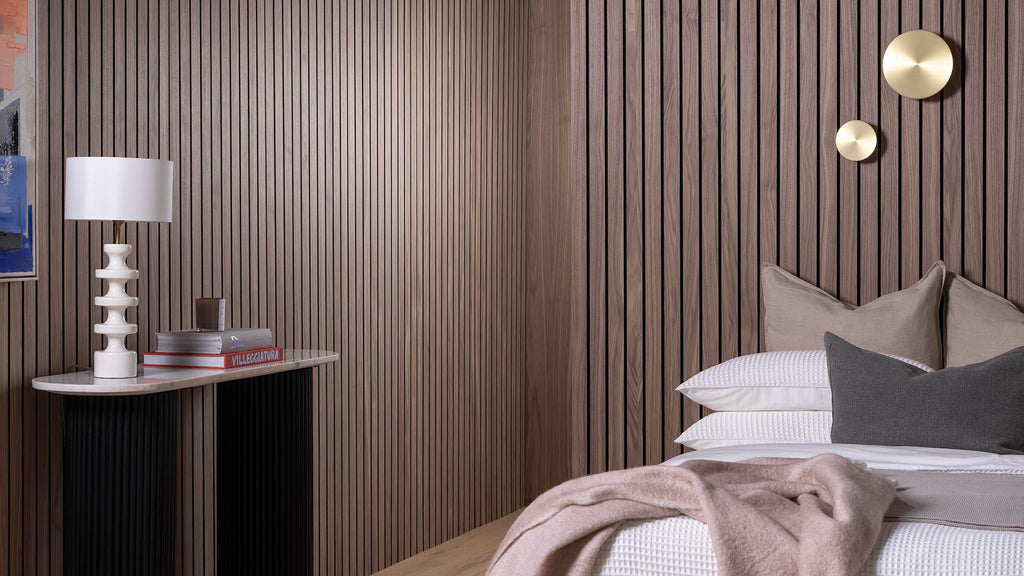 Master Bedroom Design With Beige And Brown Accent Wall And Fluted Paneling