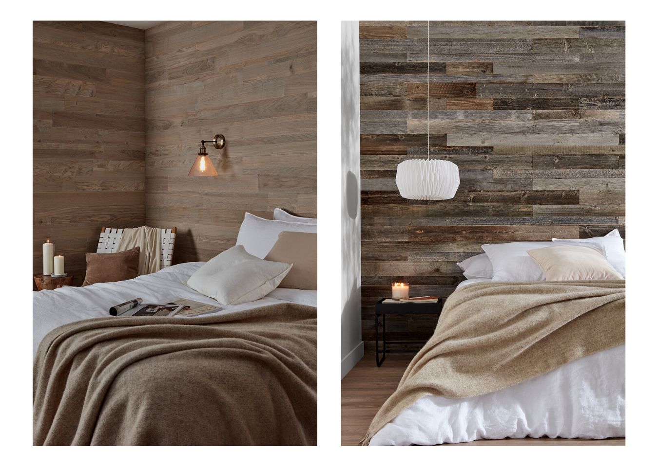 The two images show a bedroom. On the left there is a bed against a wall of Driftwood Grey Peel and Stick Planks, there is a chair in the corner and a side table with candles. The image on the right shows another bed against a wall if Reclaimed Grey Pine Planks, there is a low hanging ceiling light and below is a bedside table.