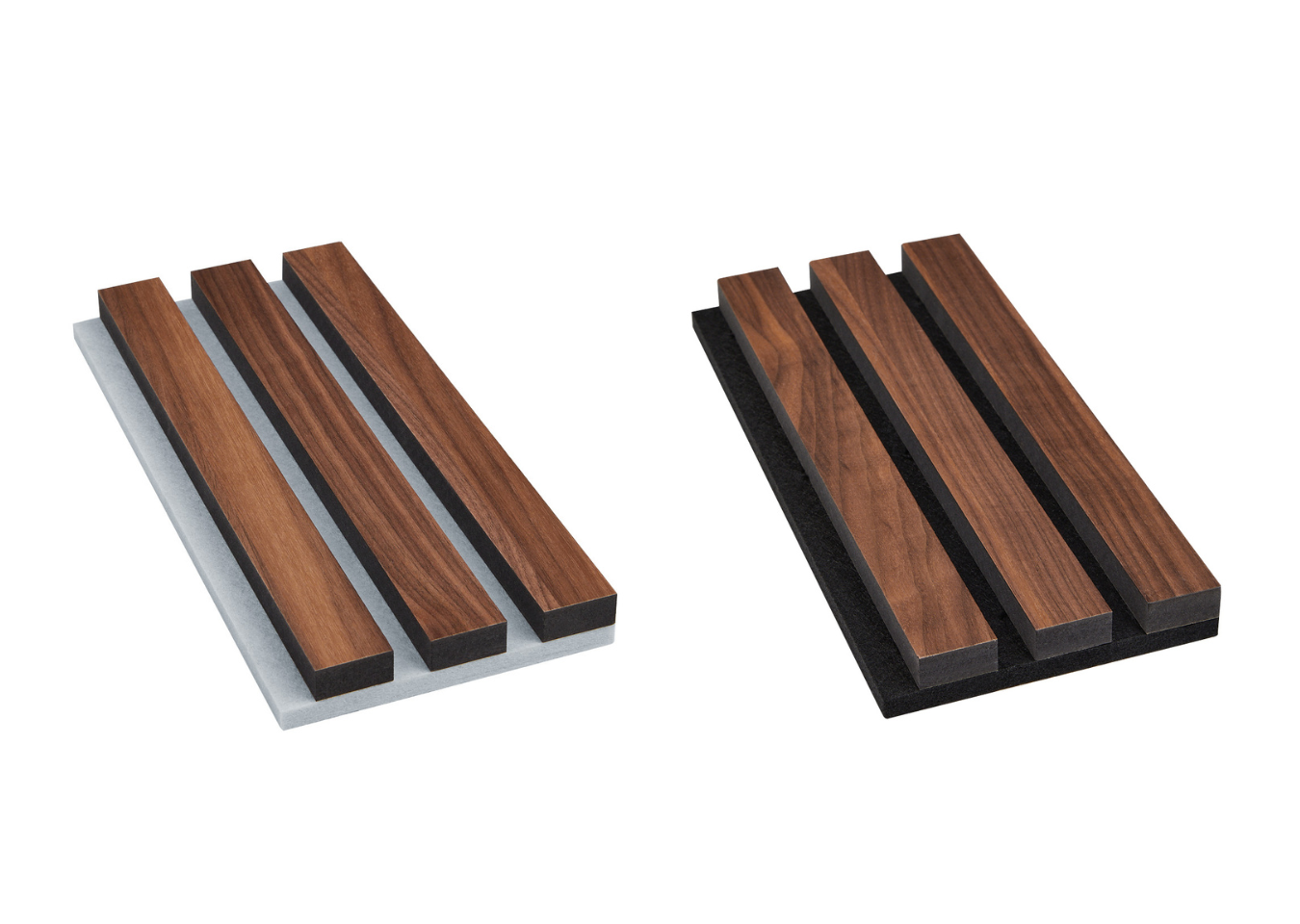 Two Deep Walnut SlatWall samples, on the right the sample has a grey backing, on the right the same has a black backing