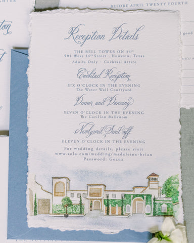 deckled edge wedding invitations with custom venue watercolor