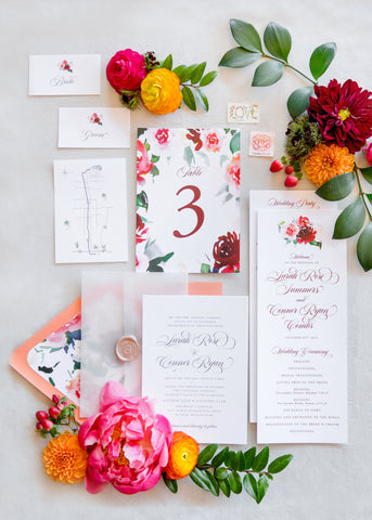 bright floral wedding invitations with peach accents