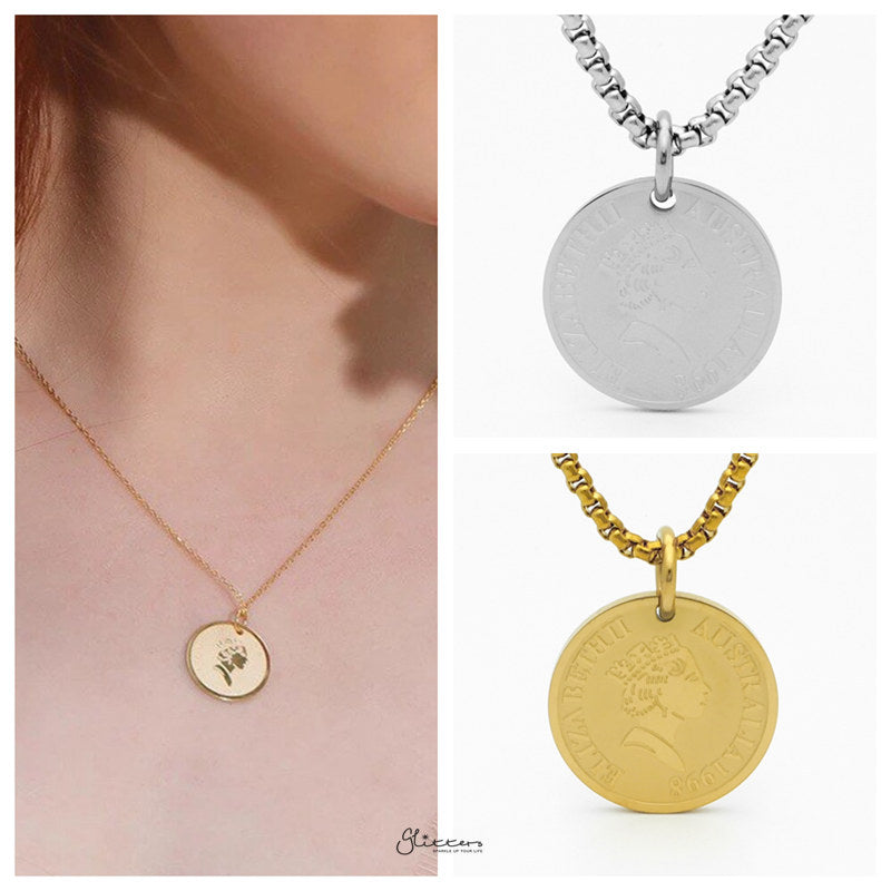 Gold Coin Pendant Necklace 18K Gold Plated Elizabeth Coin Medallion  Necklaces 