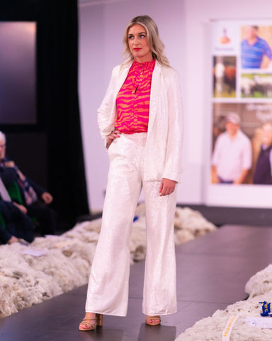 Joey The Label white sequin tuxedo jacket and pants and the dreamer label kira wilding silk blouse