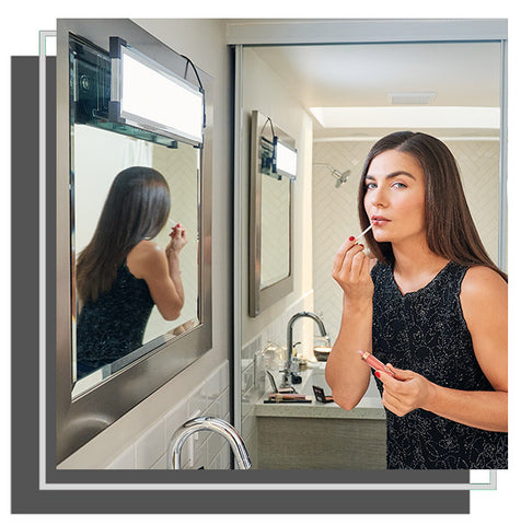 Woman applying lip makeup in front of mirror with Eyelight