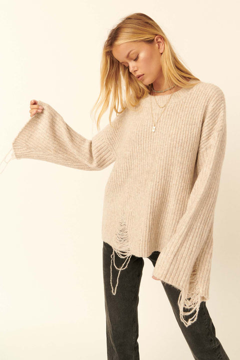 Hold Me Cozy Distressed Rib-Knit Sweater - ShopPromesa
