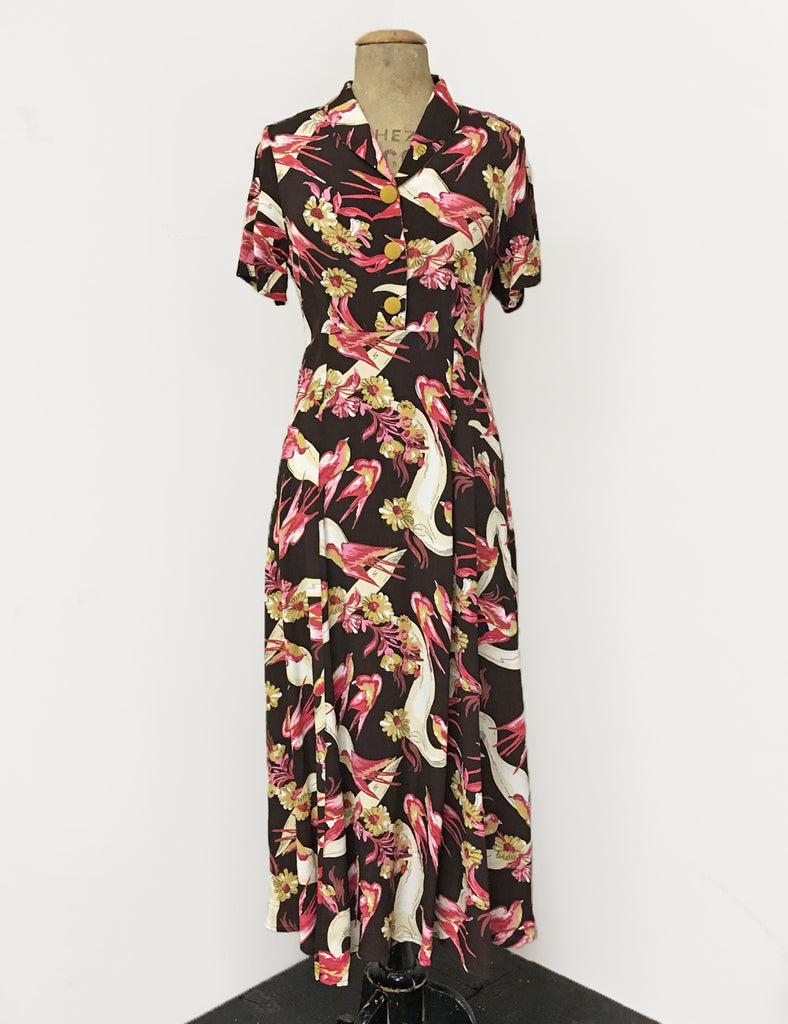 Brown Swallow Print Short Sleeve Tea Length Vintage Day Dress Loco Lindo 8026