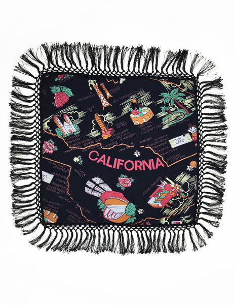 Vintage Style Black California Souvenir Map Print Decorative Fringe Pillow