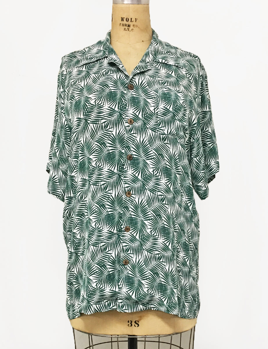 Green & White Fern Print Print Men's Sonny Button Up Tiki Shirt – Loco ...