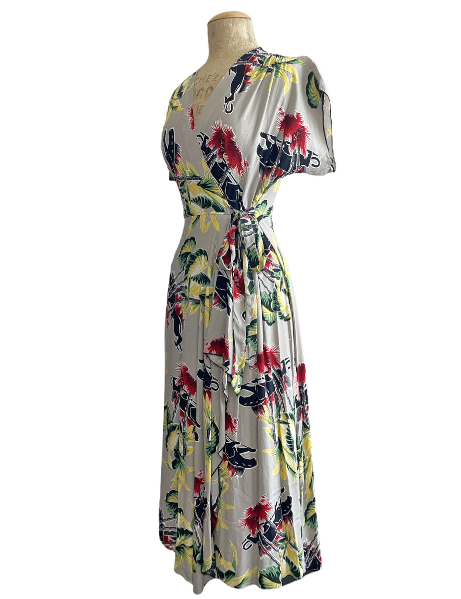 Grey Panther Print Tropical 1940s Style Cascade Wrap Dress – Loco Lindo