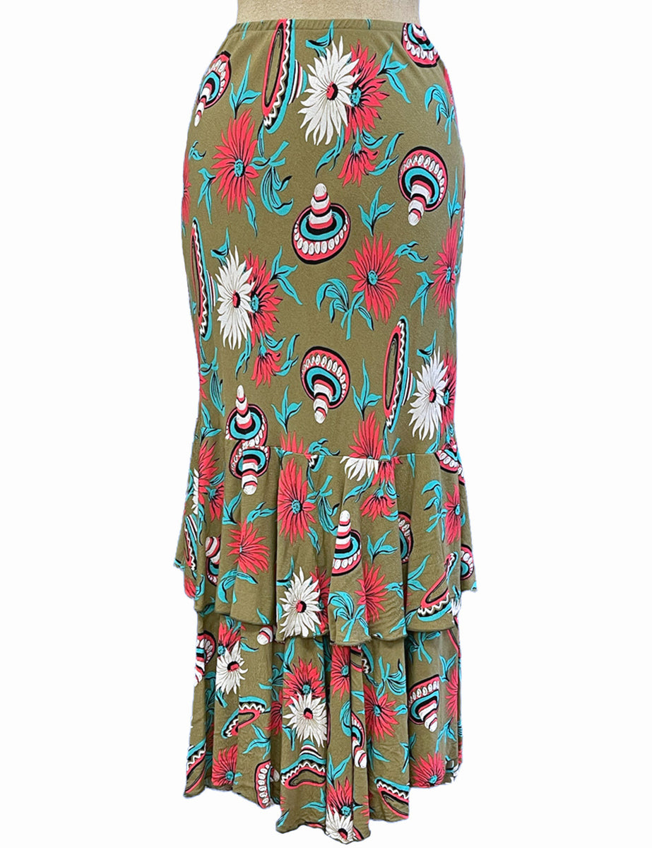 FINAL SALE - Olive Green Sombrero Print Tiered Mimi Maxi Skirt – Loco Lindo