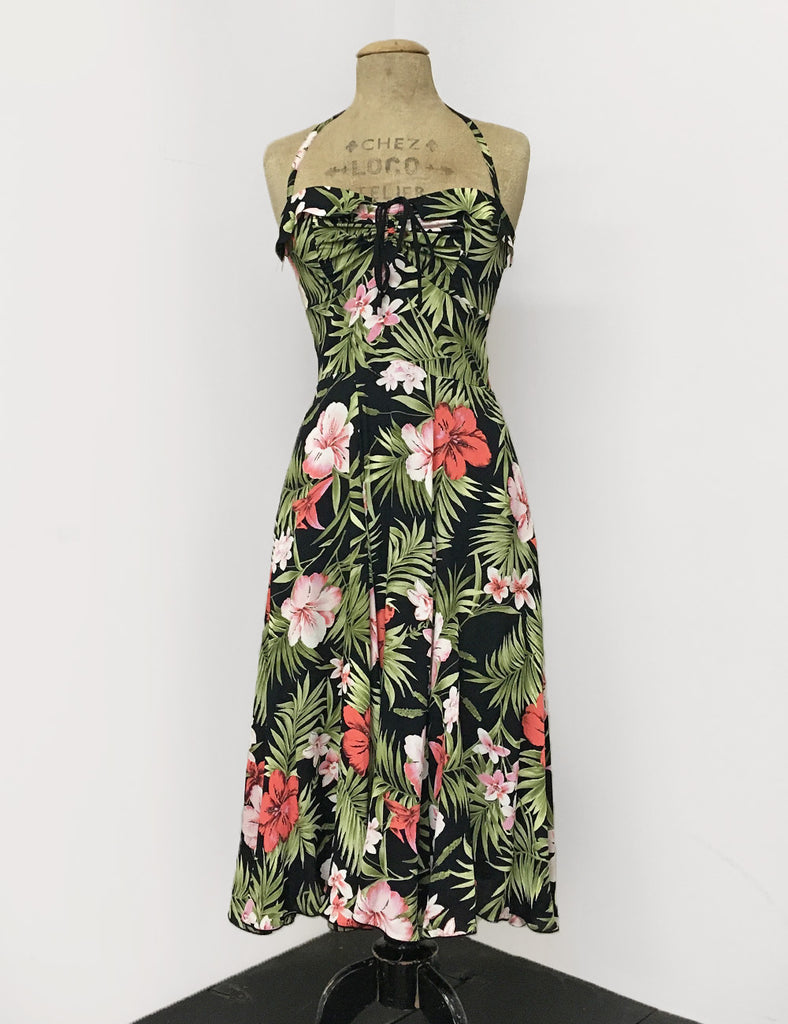 Black & Pink Tropical Floral Print 1940s Marta Halter Swing Dress ...