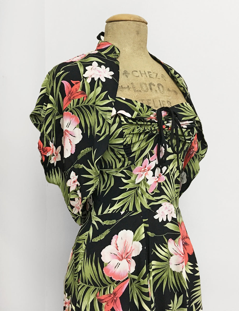 Black & Pink Tropical Floral Print 1940s Marta Halter Swing Dress ...