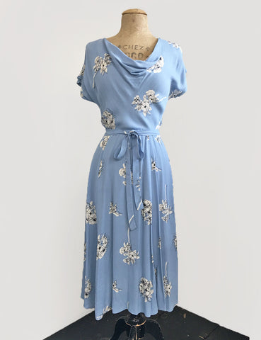 Vintage Style Powder Blue Stencil Floral Megan Cowl Neck Dress
