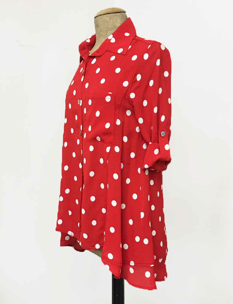 red and white polka dot blouse