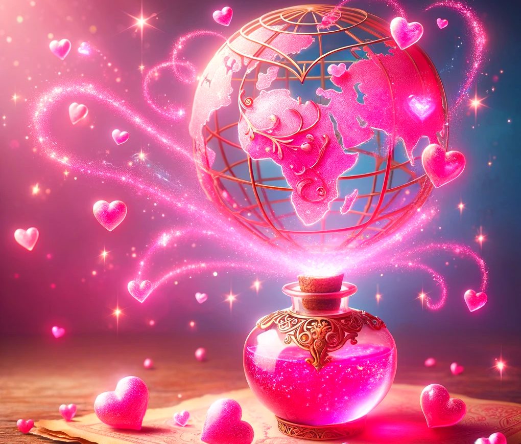  - A charming and whimsical scene depicting a pink magic potion spreading love and peace around the world. The potion should be depicted as a glowing 