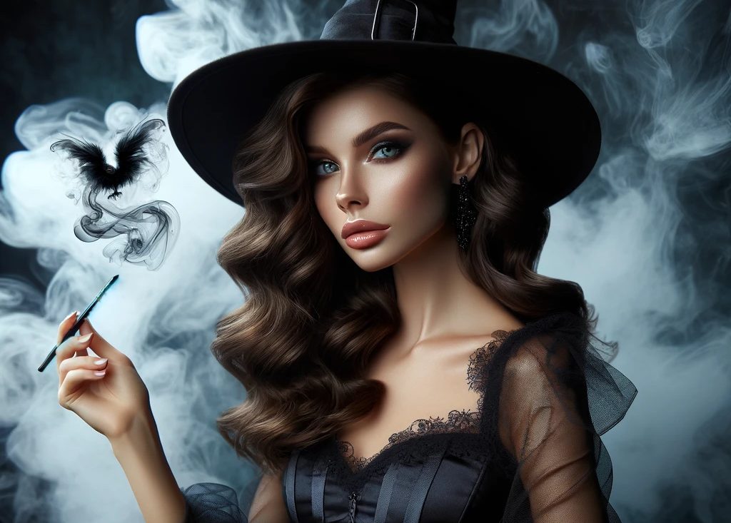 A realistic and beautiful scene featuring a witch with black smoke in the background. The witch should be depicted as elegant and captivating, wearing