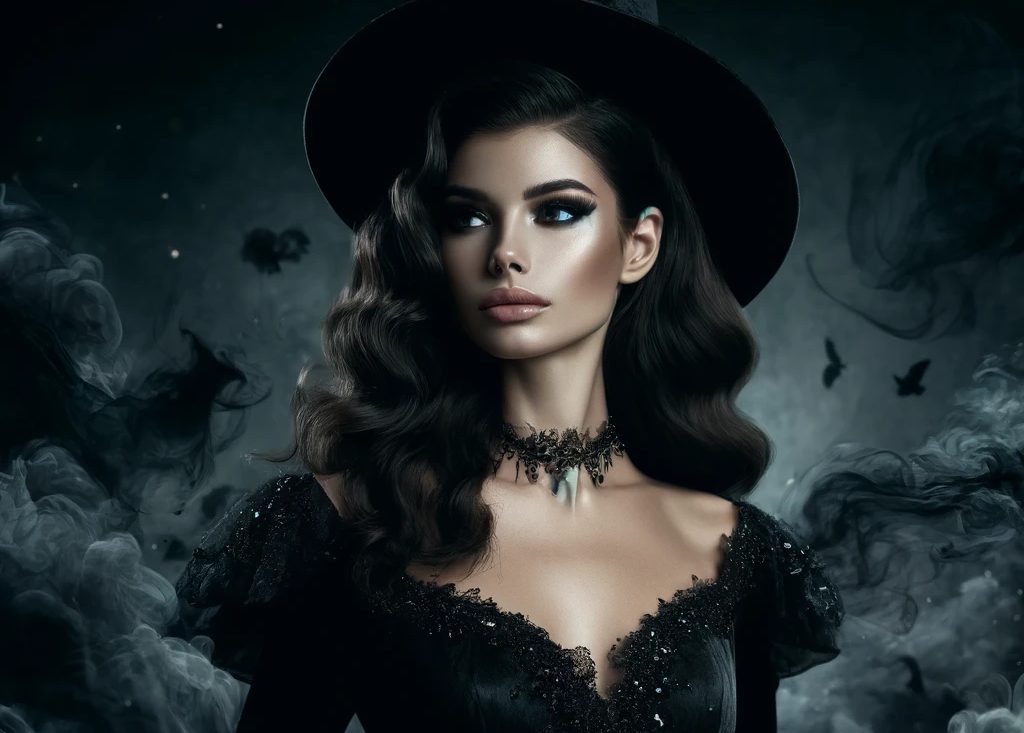 A realistic and captivating scene featuring a beautiful wicked witch wearing black, appearing from black smoke on a dark night.