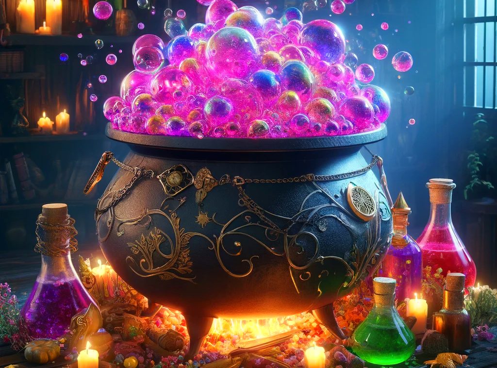 A Beautiful Witchy Cauldron Bubbling A Pink Potion