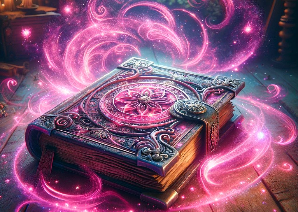 A realistic and magical scene featuring an enchanting spell book surrounded by vibrant pink and purple magic. The spell book should look ancient