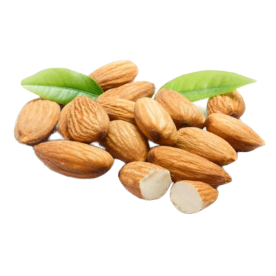 A Portion Of Brown Almond Nuts Alongside Green Leaves