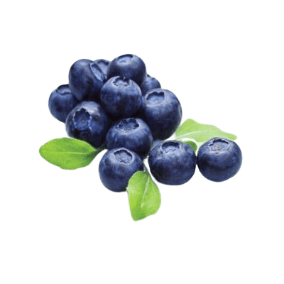 A Pile Of Dark Coloured Blueberries Alongside Three Green Blueberry Leaves