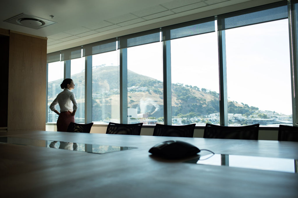 Businesswoman Staring Into The Distance Through A Series Of Windows In A Conference Room