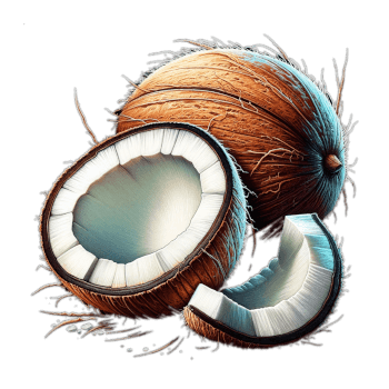 Full Brown Coconut Amongst Broken Coconut Husk With Inner White Flesh Exposed