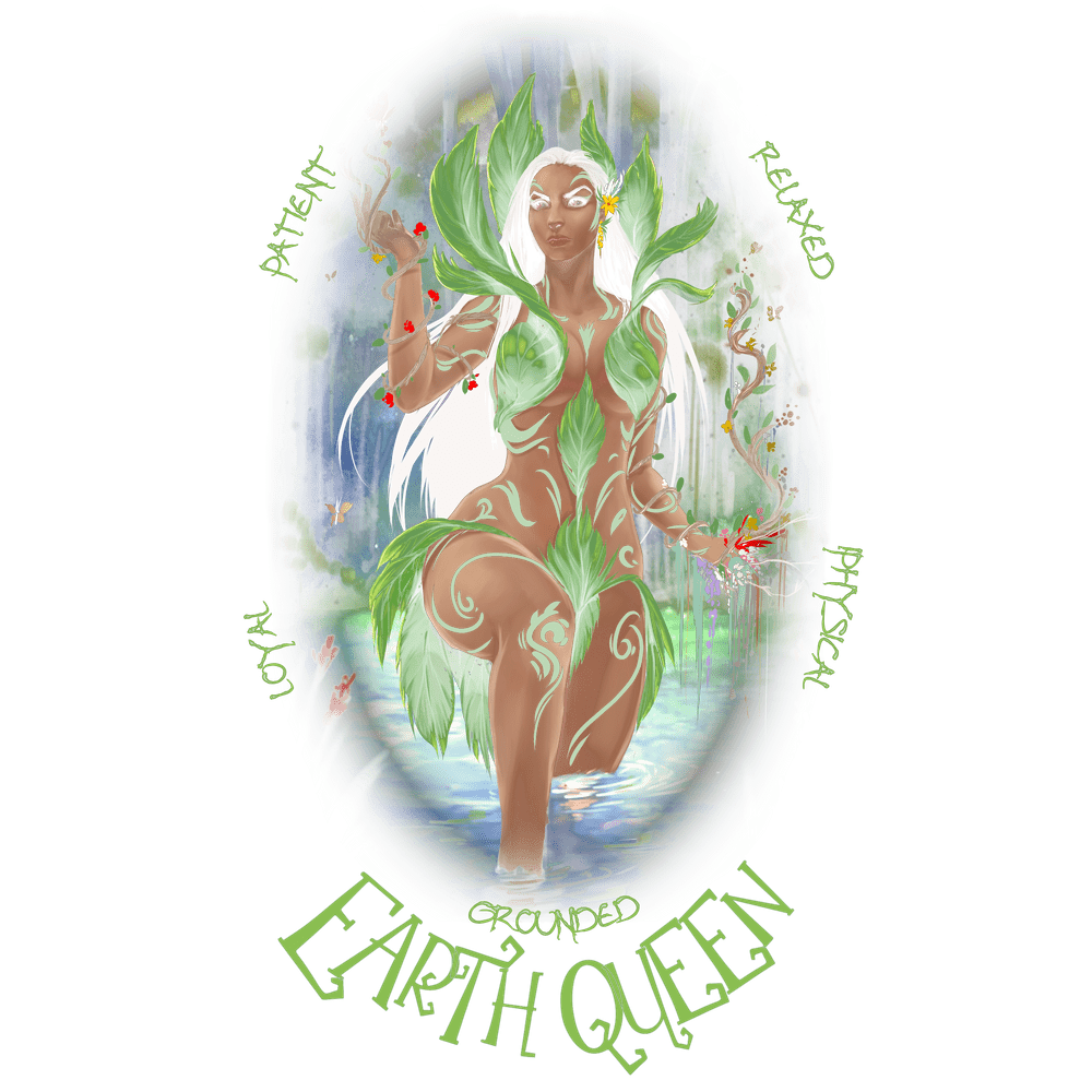 Naturally Wicked Earth Queen Kneeling In Water Alongside Plants & Surrounded By Text - Patient, Relaxed, Physical, Loyal