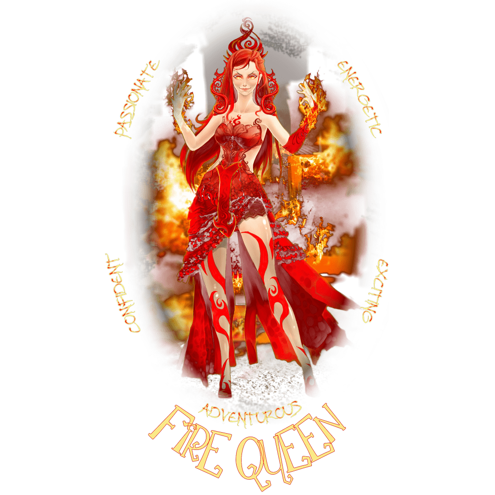 Naturally Wicked Fire Queen Engulfed In Bright Orange Flames & Text - Passionate, Energetic, Adventurous, Exciting