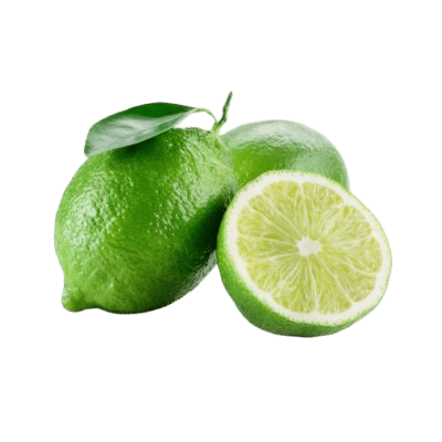 2 Fresh Green Limes Alongside Half Fleshy Lime On White Background