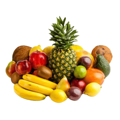 Various Mixed Fruits Stacked Amongst One Another Such As Pineapple, Coconut & Citrus Fruits