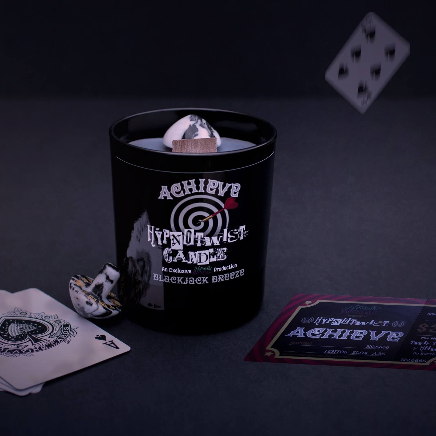 Naturally Wicked Hypnotwist Achieve Candle Entombed With Crystal Spinning Top & Surrounded By Playing Cards