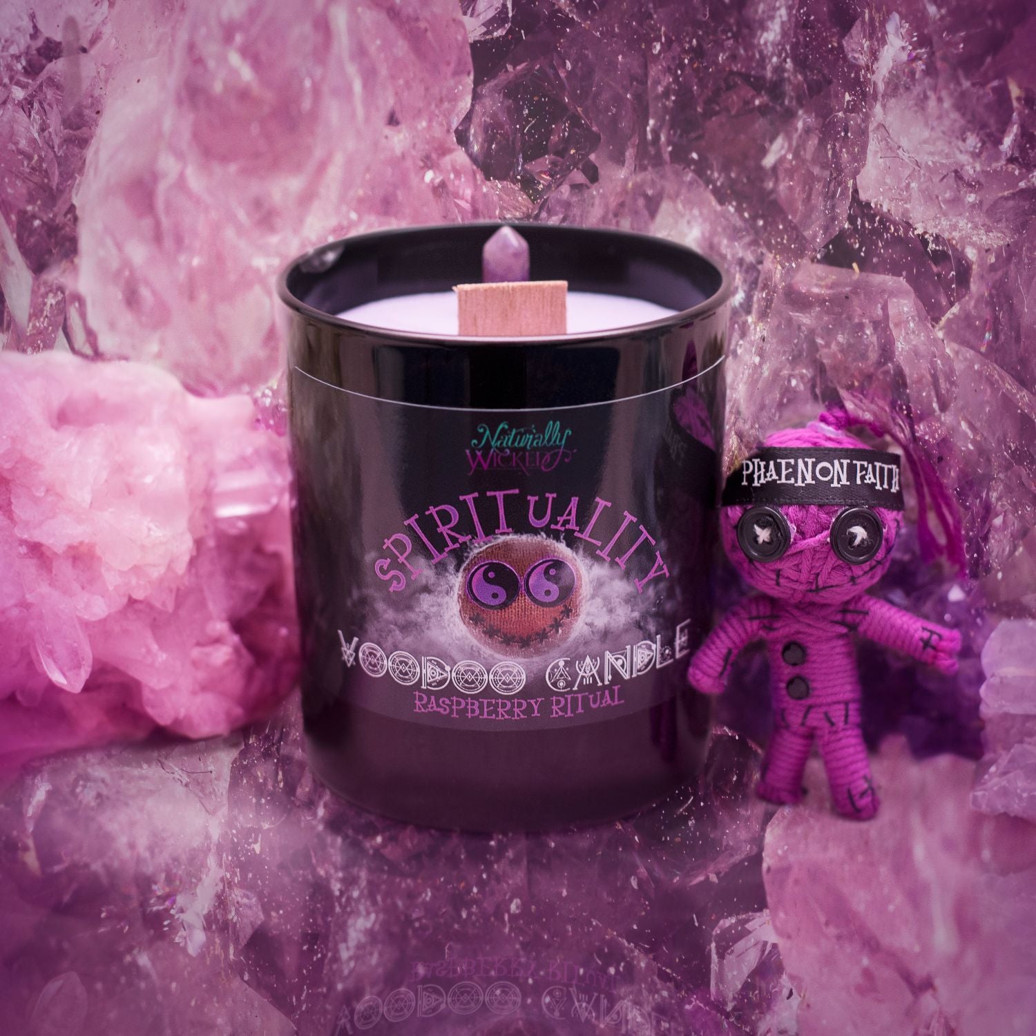 Naturally Wicked Voodoo Spirituality Candle Entombed With Crystal Alongside Purple Voodoo Doll; Phaeonon Faith