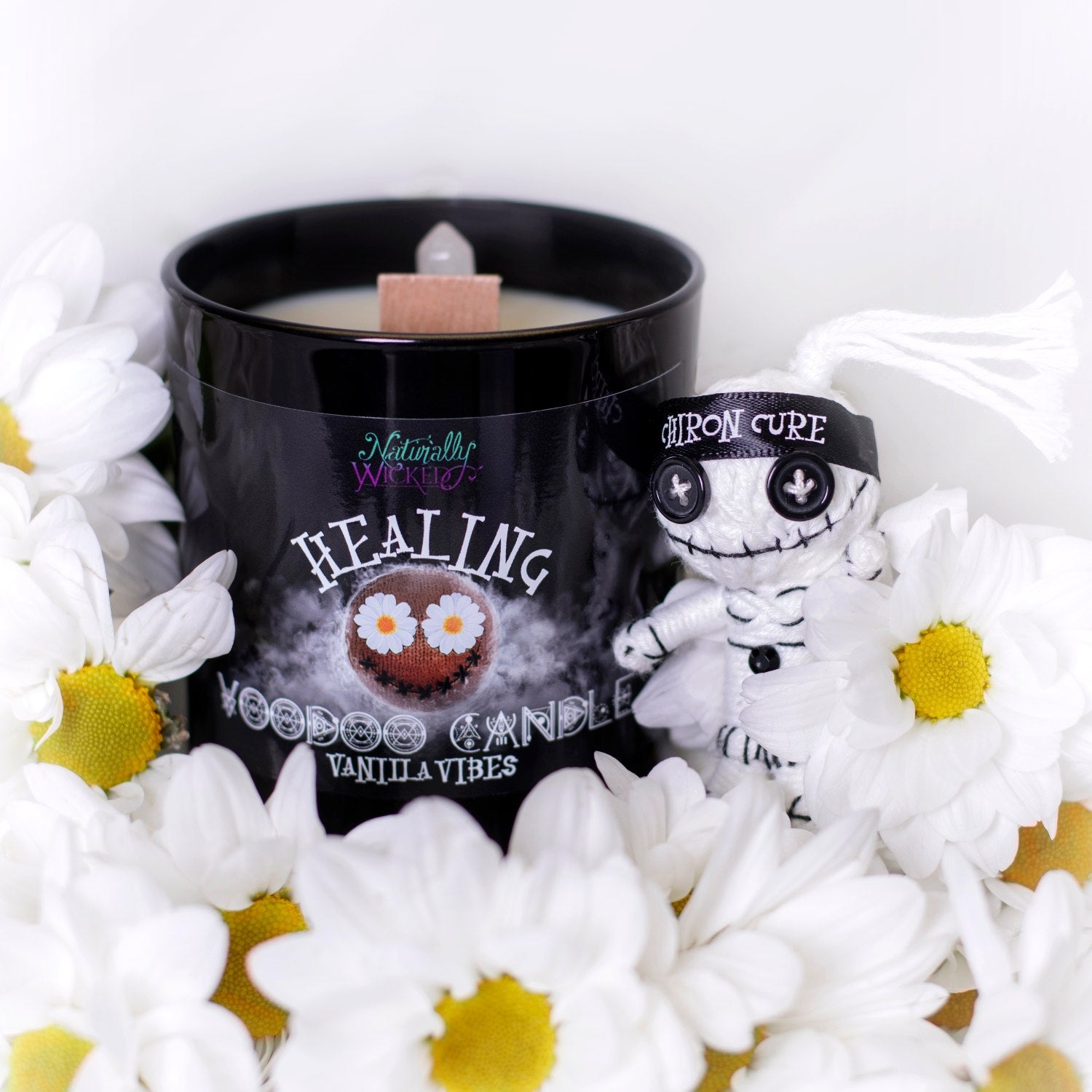 Naturally Wicked Voodoo Healing Spell Candle Entombed With Quartz Crystal Amongst Daisies & Healing Voodoo Doll
