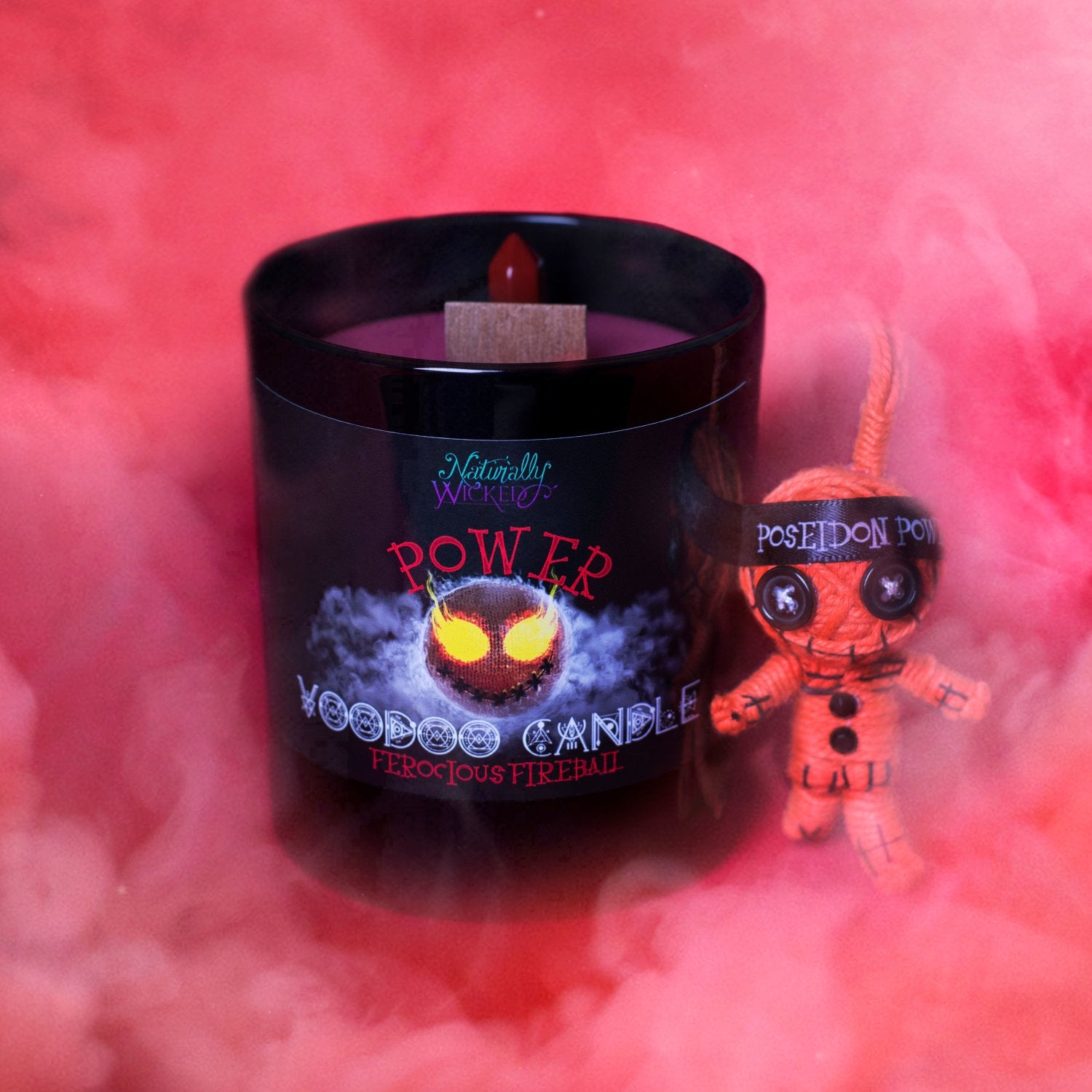 Naturally Wicked Voodoo Power Spell Candle Alongside Red Power Voodoo Doll; Poseidon Power