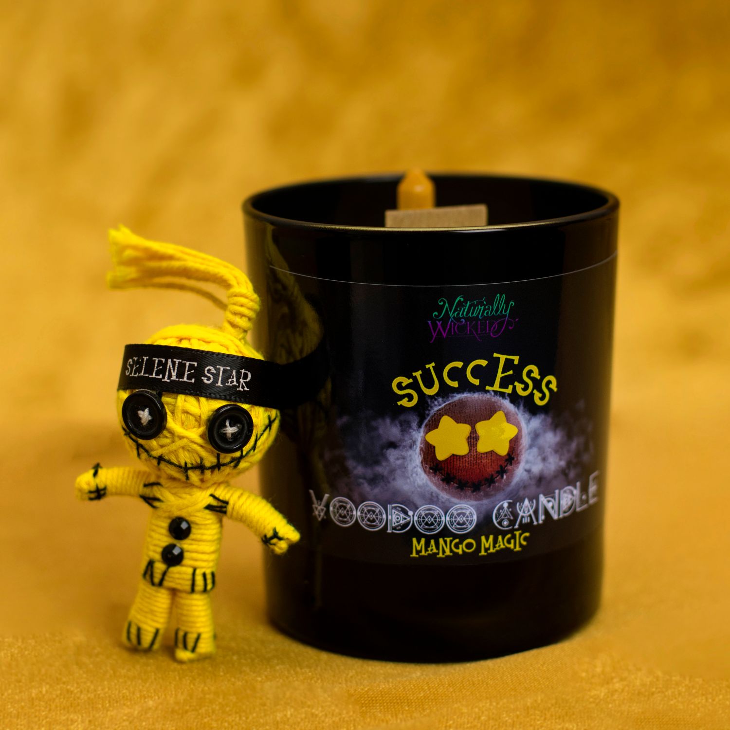 Naturally Wicked Voodoo Success Candle With Bright Yellow Voodoo Doll & Jade Crystal